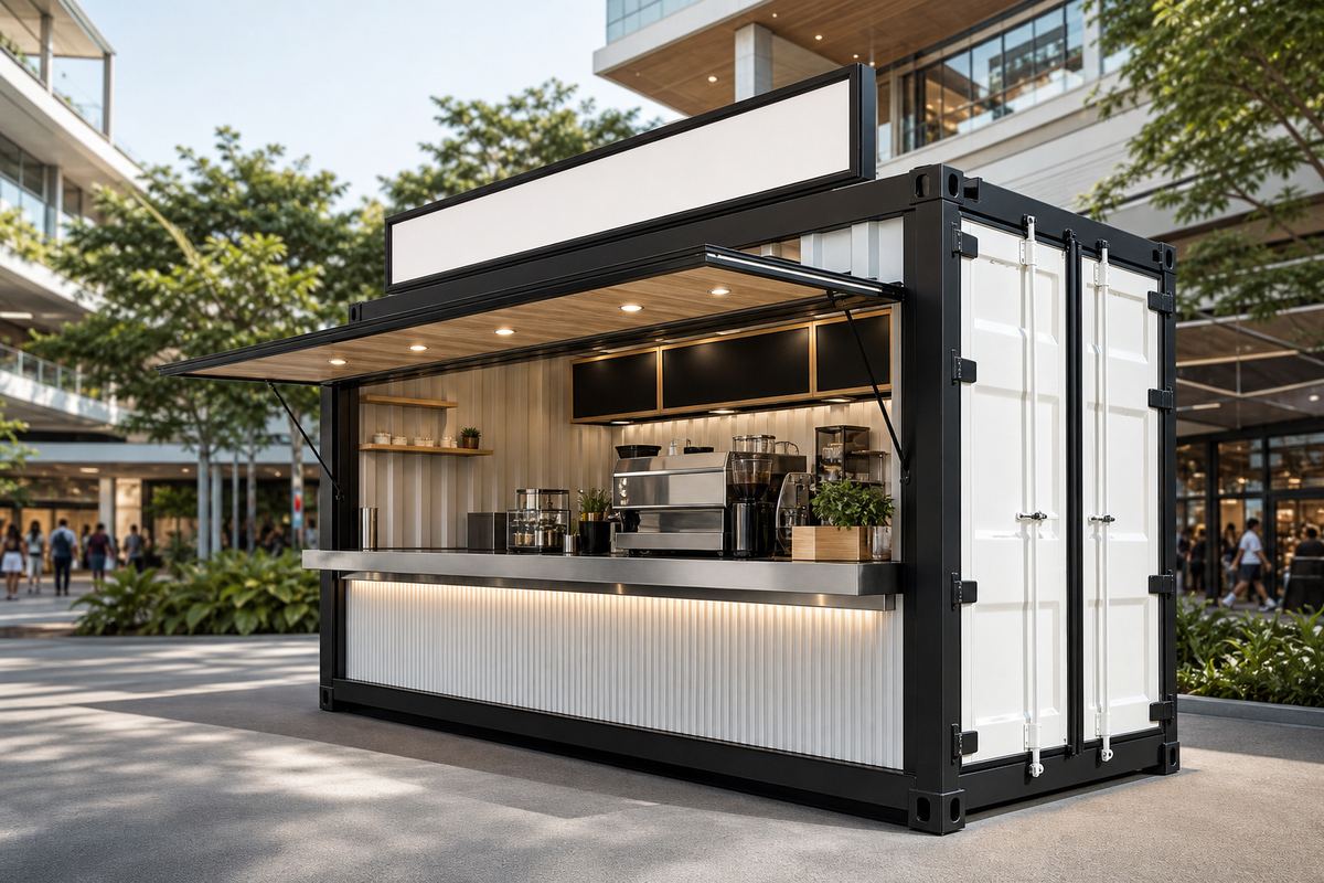 Outdoor kiosk container with serving hatch and awning frame