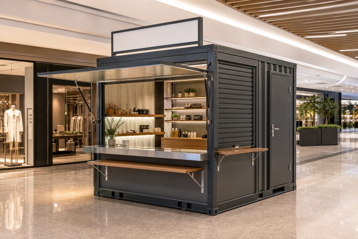 Mall retail container kiosk with shelves, shutter and display counter
