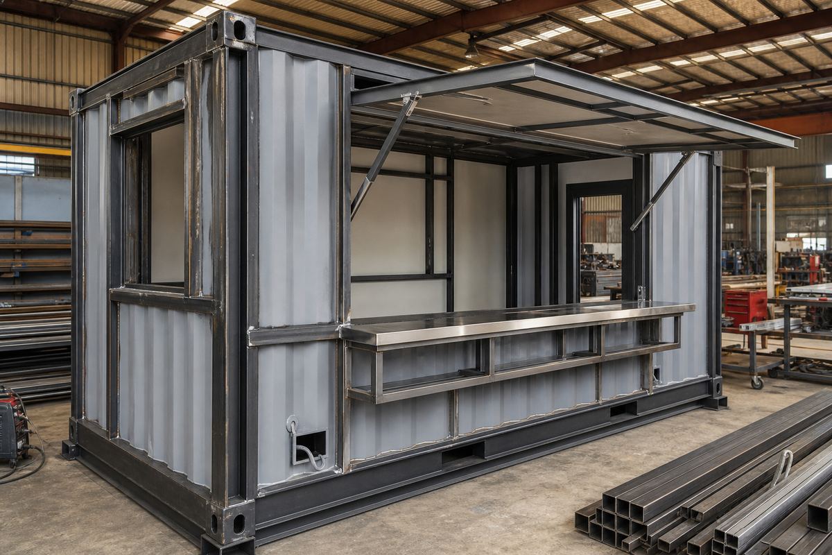 Workshop kiosk container frame reinforcement and serving hatch fabrication